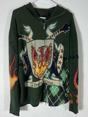 Raw 7 USA 100% Cashmere Graphic Zip Hoodie Phoenix Argyle Tattoo Print